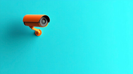 Bright orange surveillance camera contrasting against a vibrant teal wall background