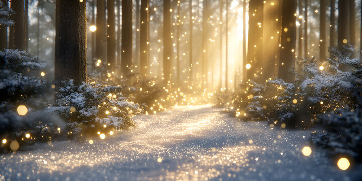 Sunlit Snowy Forest Path with Magical Winter Lights

