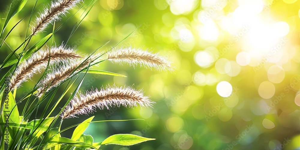 Poster delicate grass blades illuminated by soft sunlight with a dreamy bokeh effect creating a serene and 