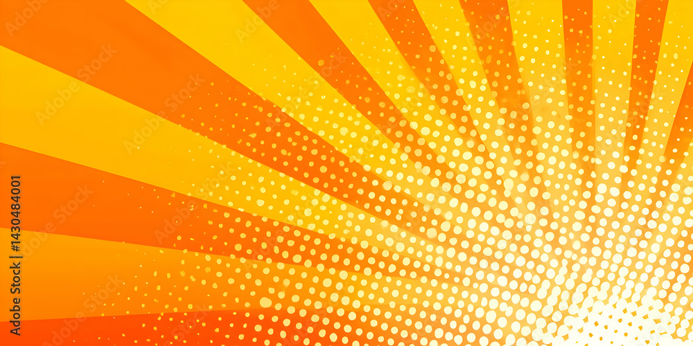 Poster vibrant abstract design featuring sunburst rays in warm orange hues, perfect for backgrounds or as a