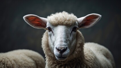 Fototapeta premium Young sheep isolated on a background with space for text. Close-up view of a lamb gazing at the camera.