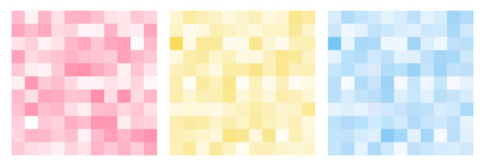 Abstract light yellow, blue, pink pastel color pixel gradient background. Trendy mosaic vector texture set. Pixelate abstract square bg. Minimal geometric backdrop. Vector mosaic seamless pattern