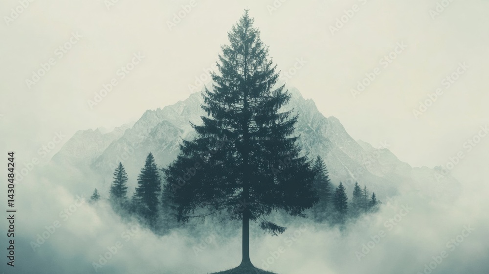 Poster creativity in nature with a tree shape merging into misty mountains and woods at dawn generative ai