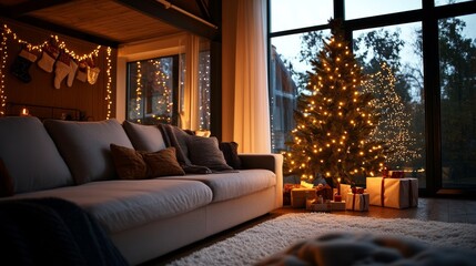 Fototapeta premium A cozy Christmas living room with a beautifully decorated tree, twinkling fairy lights, and warm seasonal decorations, creating a festive mood,