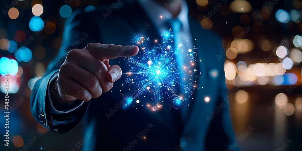 Poster businessman in suit pointing at a growing graph with blue light effect representing success and grow