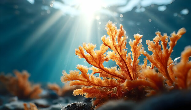 Vibrant underwater scene showcasing orange coral illuminated by sunlight, highlighting the beauty of marine life and the importance of ocean ecosystems.