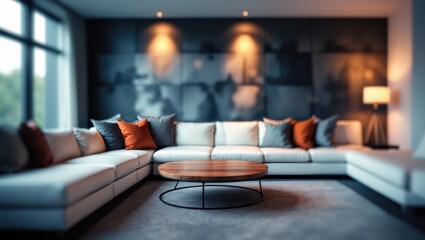 A blurred backdrop of a contemporary living room highlights a chic design with a comfortable sectional sofa, creative wall textures, and fashionable decor, establishing a relaxing ambiance.