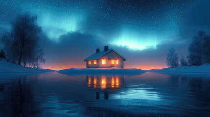 Fototapeta premium serene small house illuminated at night, surrounded by tranquil lake reflecting colorful northern lights in sky. scene evokes sense of peace and wonder