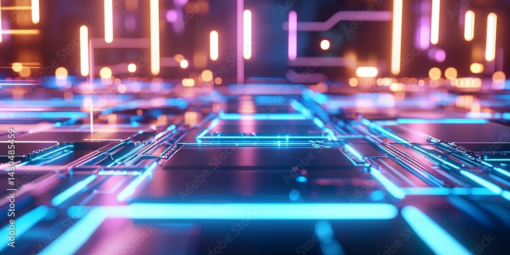 Poster Futuristic Digital Grid with Blue Neon Lines and Data Streams in a Technological Data Center Environment Representing Cyber Connectivity