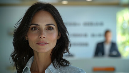 Fototapeta premium confident woman with long, dark hair stands in modern office environment, showcasing warm smile. background features blurred figure, emphasizing her presence