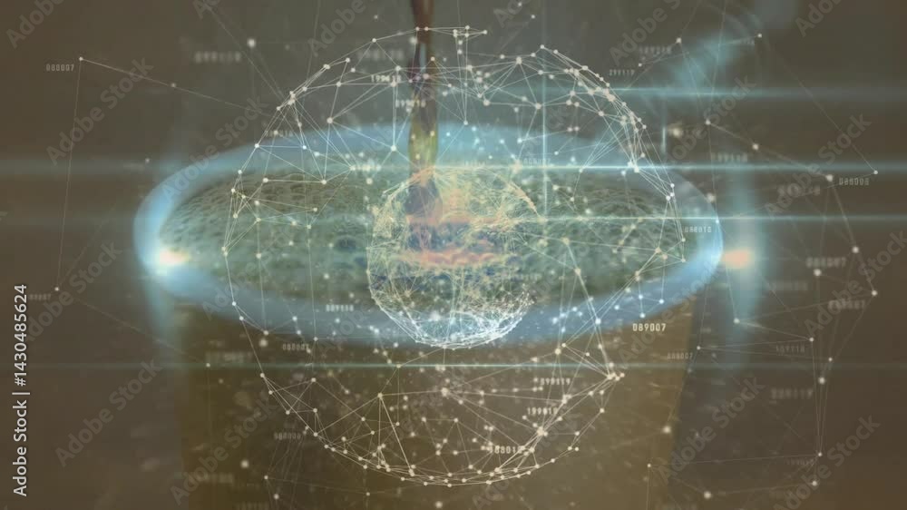 Poster wireframe sphere rotating around cup with frothy liquid, revealing floating numeric data