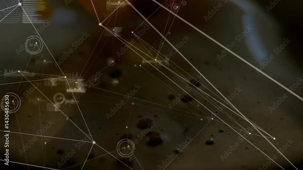 Poster glowing data nodes moving over textured interface, projecting hud elements and waveform charts