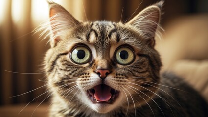 Naklejka premium Young surprised cat with big eyes in closeup. Funny expression of a surprised kitten with large eyes. Young cat appears shocked and alarmed. Emotional kitten with wide, big eyes at home.