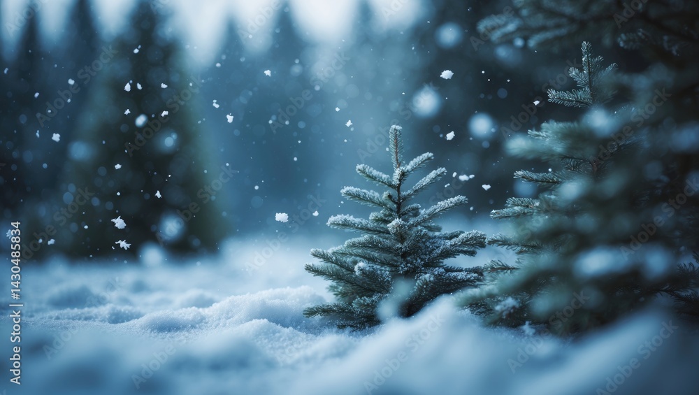 Poster winter scene greeting card featuring snow and fir trees with ample space for message