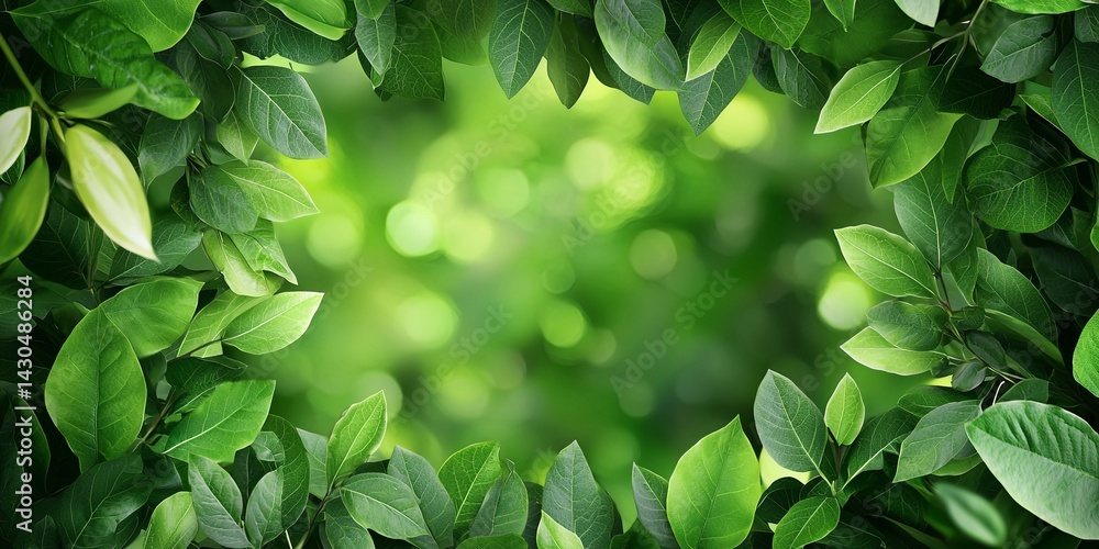 Poster lush green leaves background with empty frame for custom text or design elements in a natural and or