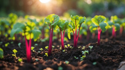 Young sprouts in the garden. Beet shoots carefully spaced under the sun. The leaves are oriented towards the light.