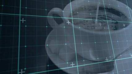 White ceramic coffee cup holding latte swirl sitting on dark shiny table showing teal grid overlay - Powered by Adobe