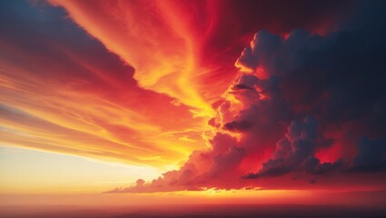 Vivid sunset featuring yellow, orange, and red hues with dramatic storm clouds and a colorful sky backdrop for design. Bright fire-like glow, explosion, and light effects.