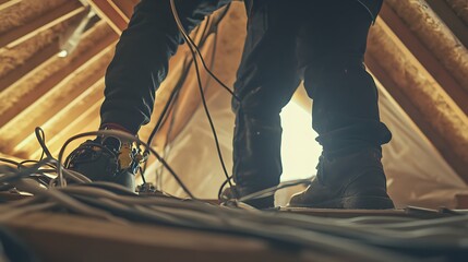 Fototapeta premium Electrician Working in Attic with Wiring