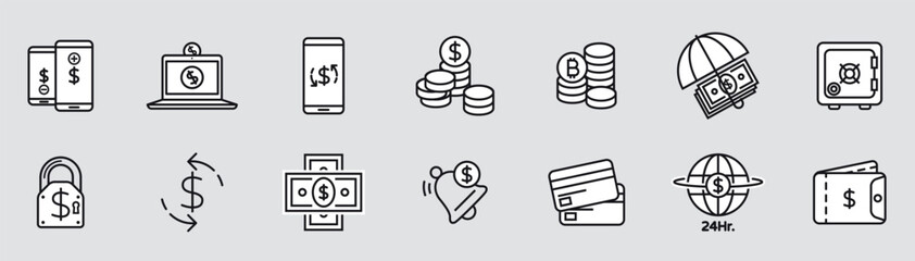 Investment icon set, Money Set of line icon related to income, salary, money, business. Outline icon collection. Editable stroke. Vector illustration.