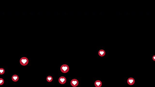 Red hearts with flying effect. Social media concept with likes flow. Alpha channel, transparent background. Loop animation.