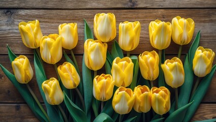Obraz premium Yellow tulips arranged on a rustic wooden table backdrop
