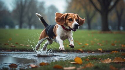 Young beagle animal plays actively in park field after rain, jumping over puddles and chasing fallen leaves