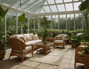 Inviting sunlit conservatory with wicker furniture and lush greenery, creating a tranquil retreat.