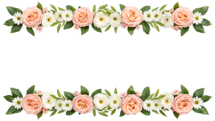 beautiful floral border design featuring soft pink roses, white ranunculus, and green leaves, perfect for invitations or decorative purposes. arrangement evokes sense of elegance and charm