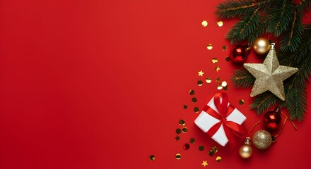 Elegant Christmas Flat Lay with Gift Box, Ornaments, and Pine Branches on Vibrant Red Background &mdash; Perfect Copyspace for Holiday Designs, Cards, or Festive Advertisements.