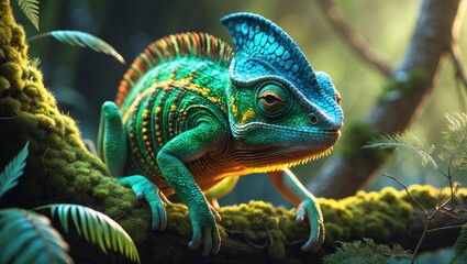 Fototapeta premium Yemen wildlife: male chameleon with vibrant colors on a tree branch
