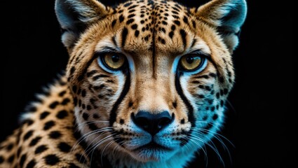 Fototapeta premium Cheetah in motion with a black background featuring abstract patterns and textures for fashion and design