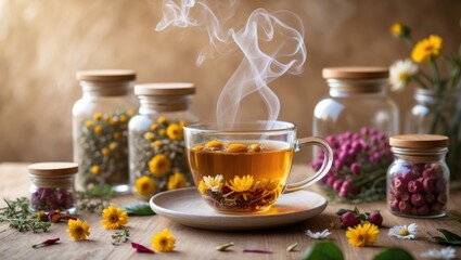 Herbal tea infusion with rosehips, chamomile, and calendula in jars highlighting naturopathy and natural medicine