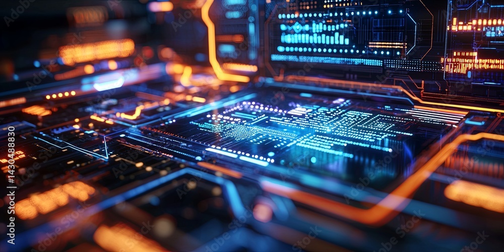 Fototapete Futuristic Laptop with Coding Interface and Digital Elements Symbolizing Technology, Communication, and Data Protection in a Vibrant Blue Theme