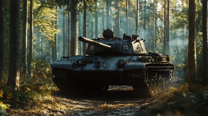 Realistic Panzer III tank driving through forest at sunset