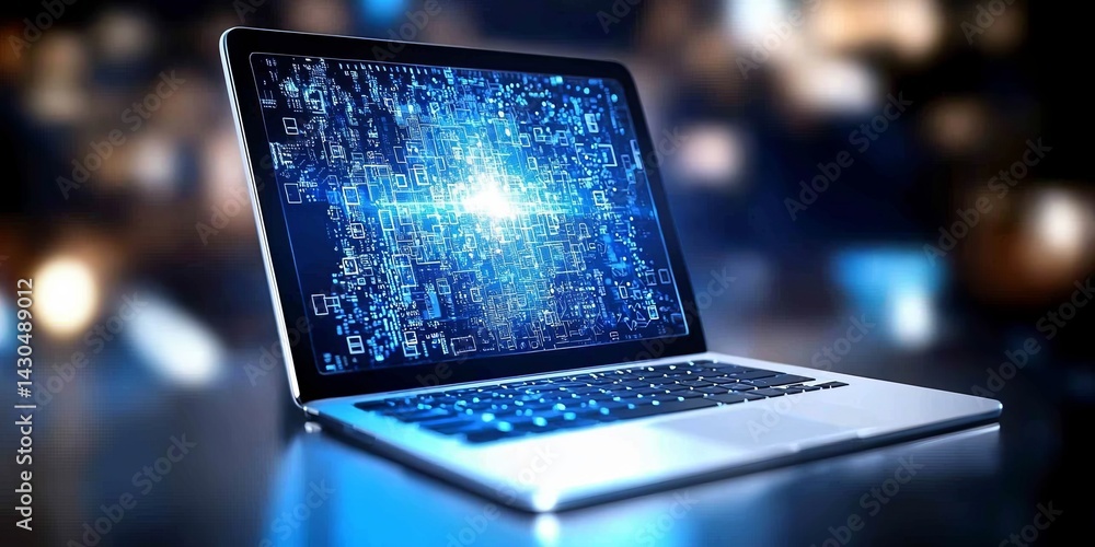 Aufkleber Futuristic Laptop with Coding Interface and Digital Elements Symbolizing Technology, Communication, and Data Protection in a Vibrant Blue Theme