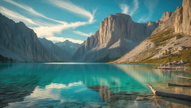 Tranquil alpine lake with transparent water mirroring snowy peaks and dramatic cliffs amidst pristine wilderness