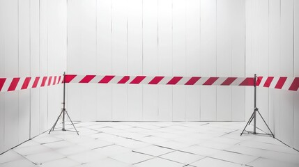 Bright white interior space with red and white caution tape marking off an area under construction