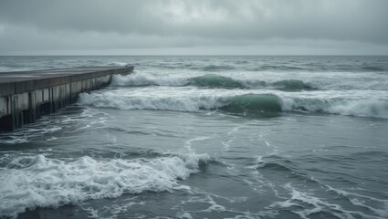 A serene coastal scene with gentle waves caressing an aged pier amidst tranquil water and sky