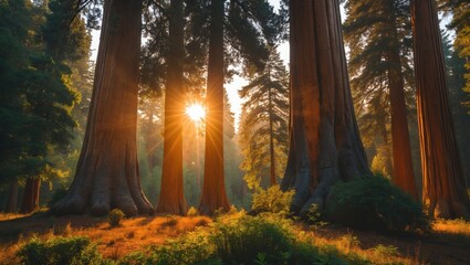 Obraz premium Sequoia Sunrise: Witnessing the Dawn in California's Redwood Forest