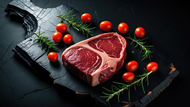 Porterhouse or T-bone steak on a dark background