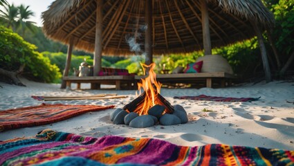 Wooden cabin by white sand beach with bonfire and vibrant blanket during sunny day