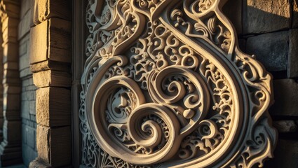 A historical edifice adorned with intricately carved stonework. Architectural elements from the Great Mosque and Hospital featuring floral and geometric patterns.