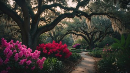 Obraz premium Vibrant Spring Scene with Blooming Azaleas, Live Oaks, and Spanish Moss