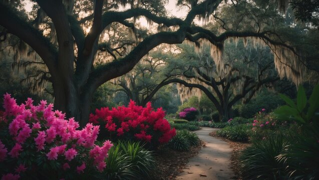 Vibrant Spring Scene with Blooming Azaleas, Live Oaks, and Spanish Moss