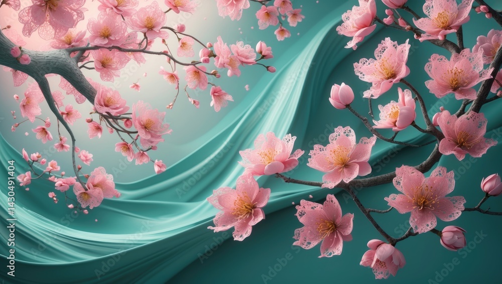 Aufkleber spring scene featuring blooming tree branches against a surreal sky background with copy space
