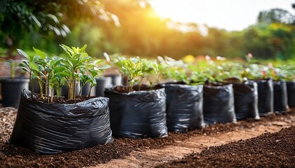 Fototapeta premium Green plants growing in black bags along a garden row, illuminated by warm sunlight, showcasing a nurturing agricultural scene.