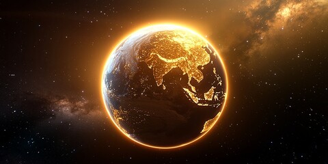 Obraz premium Stunning view of Earth from space showcasing vibrant continents illuminated by city lights against a backdrop of a star-filled universe at night