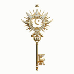 Fototapeta premium Ornate Golden Key with Celestial Sun and Moon Design - 3D Render