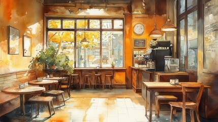 Cozy cafe interior with warm lighting and autumn-inspired decor.